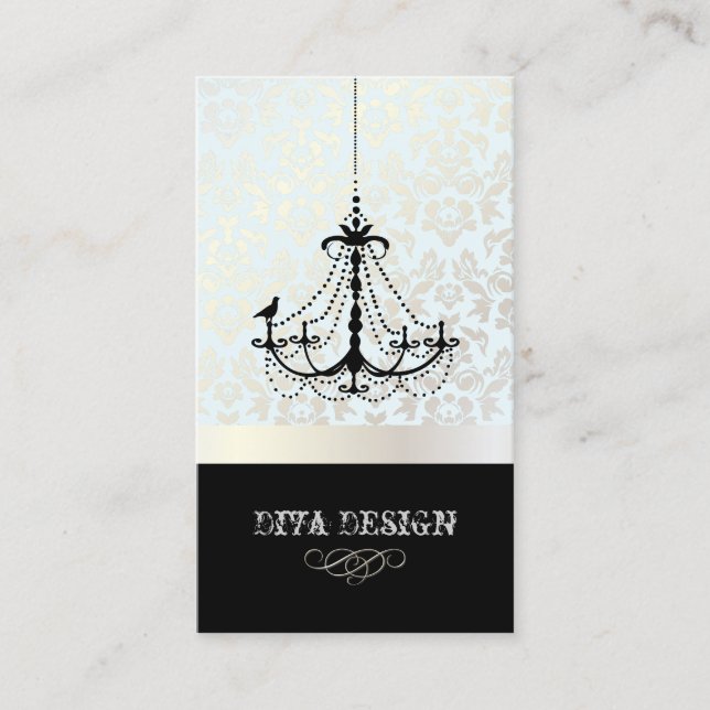 Chandelier + Baroque damask /pearl + blue Business Card (Front)
