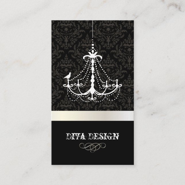 Chandelier + Baroque damask /pearl + white Business Card (Front)