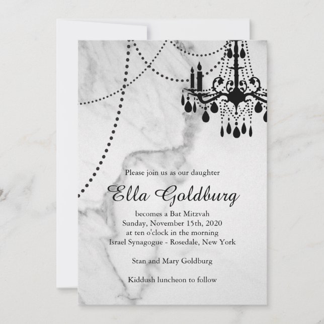 Chandelier Bat Mitzvah Invitation on Marble (Front)