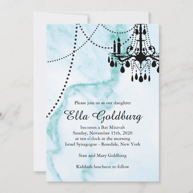 Chandelier Bat Mitzvah Invite on Turquoise Marble (Front)