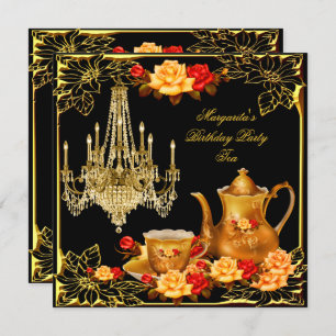 Chandelier Birthday Party Vintage Red Gold Rose Invitation