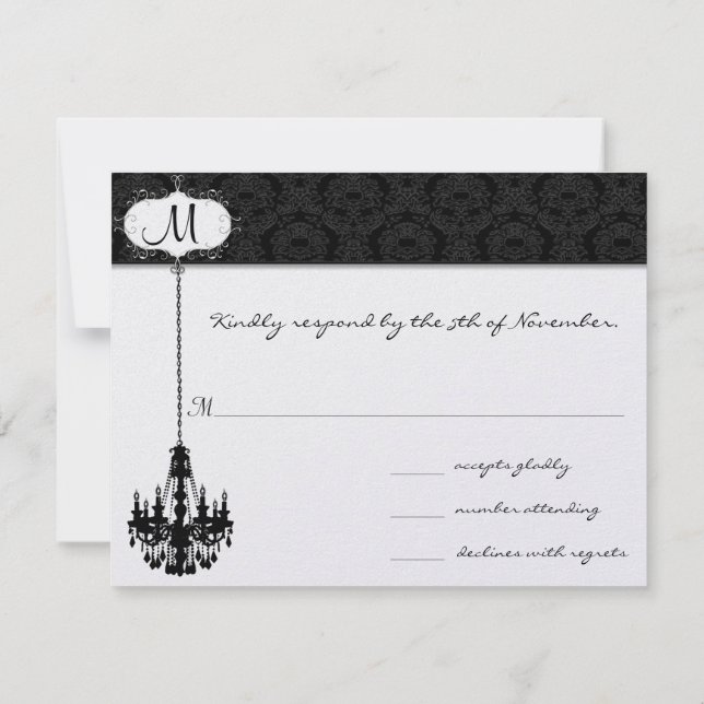 Chandelier Black Damask Wedding Response Cards (Back)