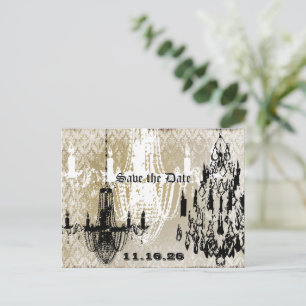Chandelier Gold Black and White Distressed Damask Announcement Postcard