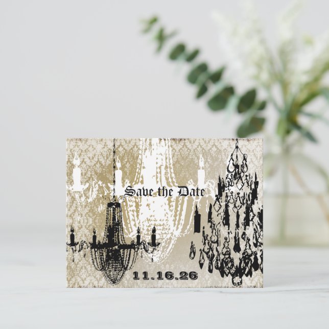 Chandelier Gold Black and White Distressed Damask Announcement Postcard (Standing Front)