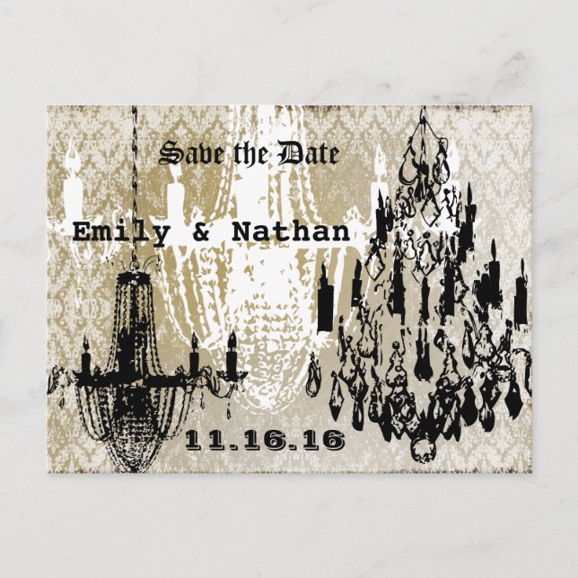 Chandelier Gold Black and White Distressed Damask Announcement Postcard (Front)