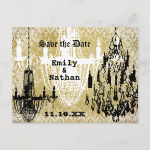 Chandelier Gold Black and White Distressed Damask Announcement Postcard