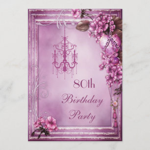 Chandelier, Heart & Flowers 80th Birthday Party Invitation