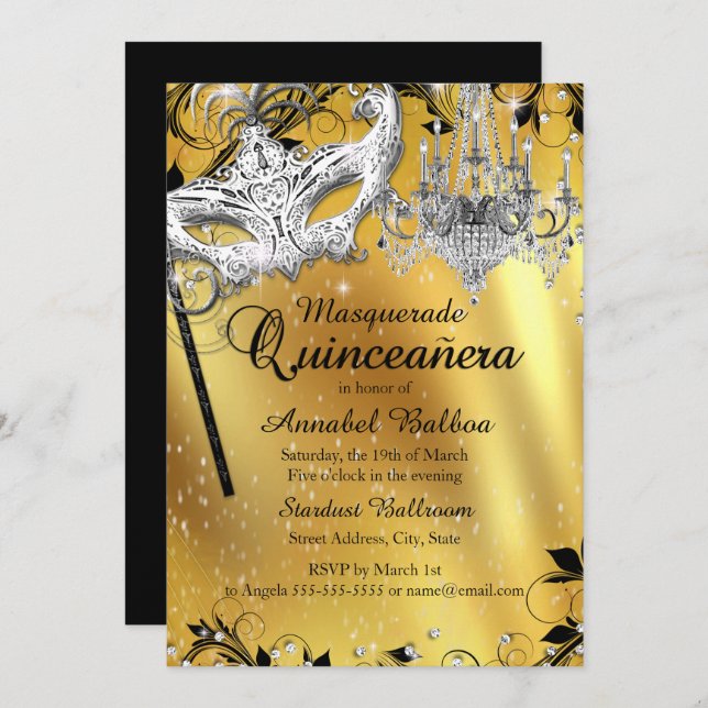 Chandelier Masquerade Gold Quinceanera Invite (Front/Back)