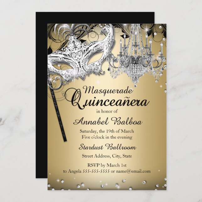 Chandelier Masquerade Gold Quinceanera Invite (Front/Back)