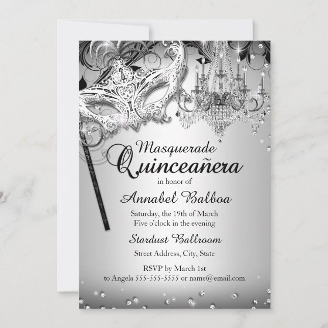 Chandelier Masquerade Silver Quinceanera Invite (Front)