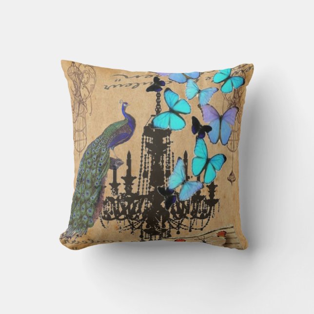 chandelier modern vintage peacock blue butterfly cushion (Front)