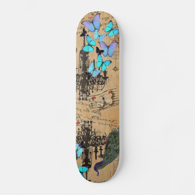 chandelier modern vintage peacock blue butterfly skateboard (Front)