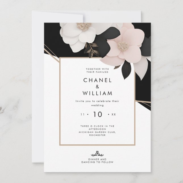 Chanel-inspired blush pink floral wedding invitation (Front)