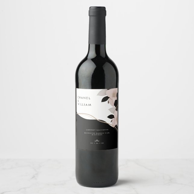 Chanel-inspired floral personalised wedding wine label (Front)