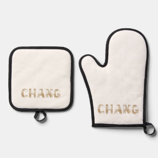 Chang Hmong Last Name Beige Plaid Oven Mitt & Pot Holder Set