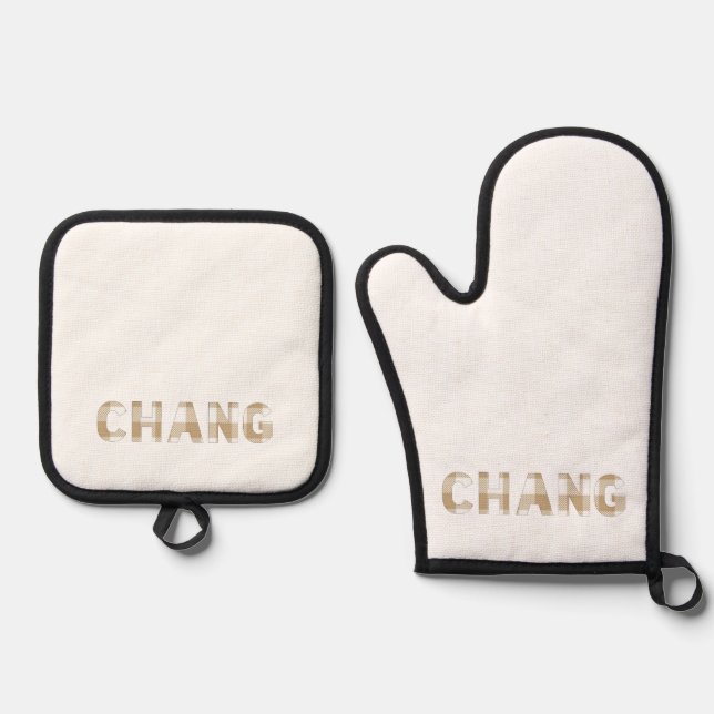 Chang Hmong Last Name Beige Plaid  Oven Mitt & Pot Holder Set (Front)