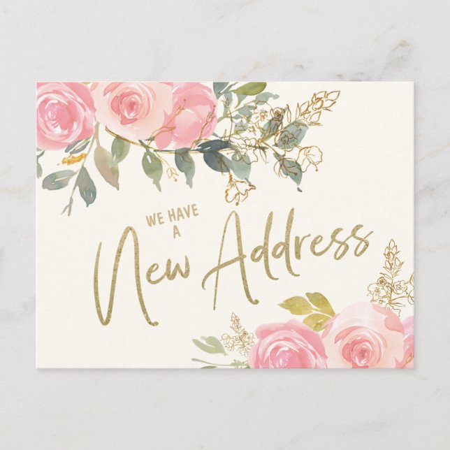 Change Address Elegant Blush Pink Floral Gold Postcard (Front)