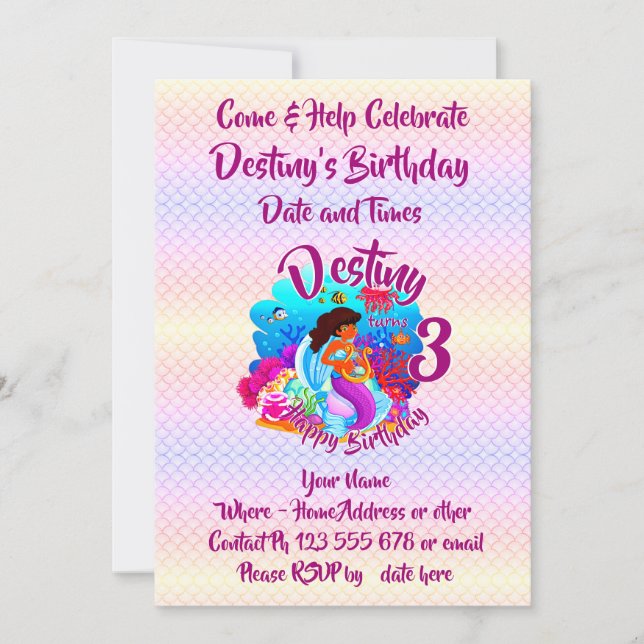 Change Age Name Mermaid Birthday Party Personalise Invitation (Front)