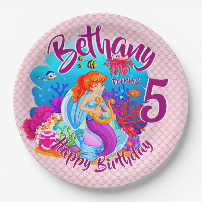 Change Age Name Mermaid Birthday Party Personalise Paper Plate (Front)