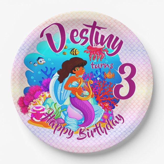 Change Age Name Mermaid Birthday Party Personalise Paper Plate (Front)