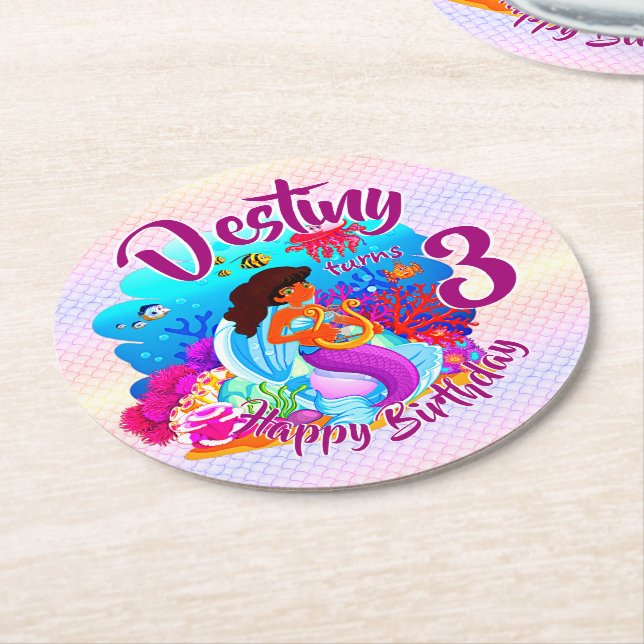 Change Age Name Mermaid Birthday Party Personalise Round Paper Coaster (Angled)