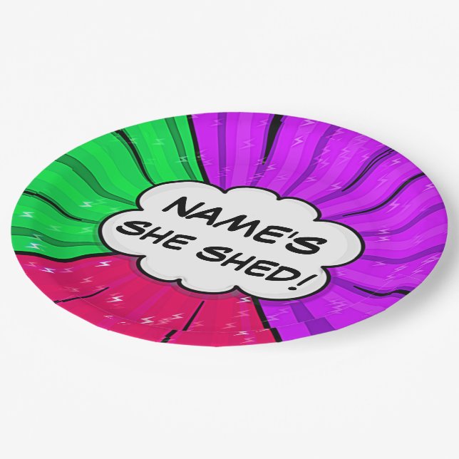 Change ALL Text Add Name She Shed Comic Style      Paper Plate (Angled)
