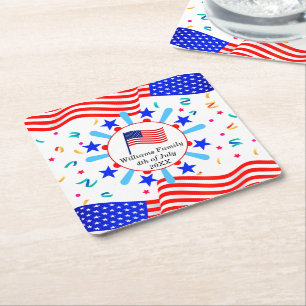 Change Any Text USA Flag Independence Day July 4th Square Paper Coaster