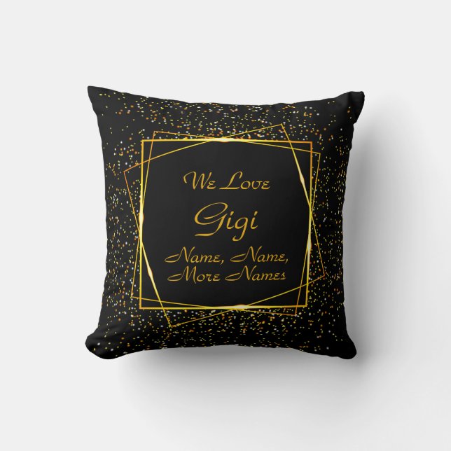 Change Grandma Gigi Name Add Kids Names Black Gold Cushion (Front)