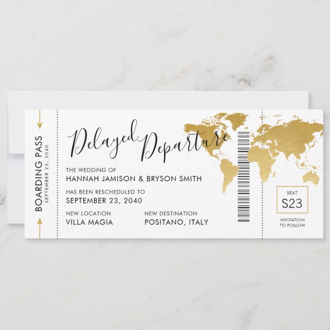 Change in Plans Gold Map Boarding Ticket Wedding Announcement (Front)