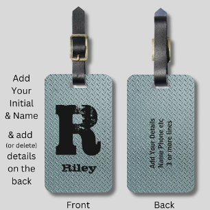 Change Initial Add Name Grey Steel Chequered Plate Luggage Tag
