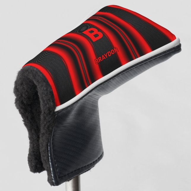 Change Initial Add Name Red on Black Stripes       Golf Head Cover (3/4 Front)
