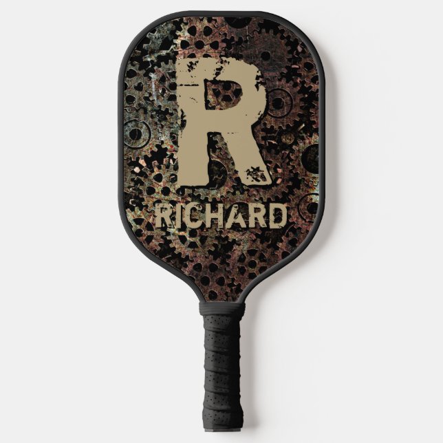 Change Initial, Add Name, Rusty Metal Gears Pickleball Paddle (Front)