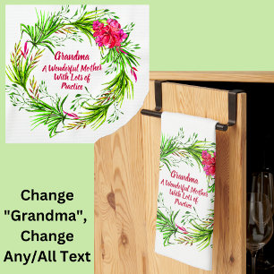 Change Name Add Text Grandma Pink Floral Boho  Tea Towel