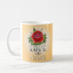 Change Name Add Text Red Rose Tattoo LOVE          Coffee Mug