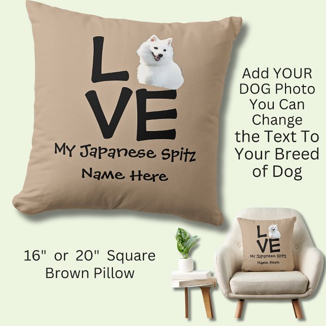Change Name Any Dog Photo Text Japanese Spitz Love Cushion (Dog Photo Pillow, Dog lover, loves dog, dog breeds photo pillow, Japanese spitz,)