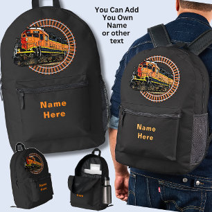 Change Name  Orange Diesel Train on BLACK Printed Backpack