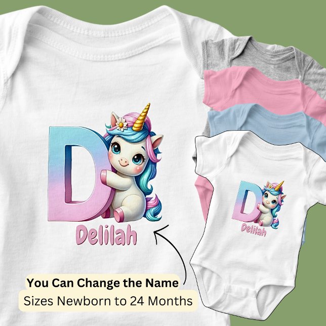 Change Name Pretty Pink Blue Cute Letter D Unicorn Baby Bodysuit (Creator Uploaded)