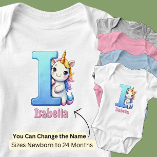 Change Name Pretty Pink Blue Cute Letter I Unicorn Baby Bodysuit