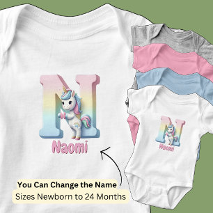 Change Name Pretty Pink Blue Cute Letter N Unicorn Baby Bodysuit