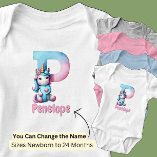 Change Name Pretty Pink Blue Cute Letter P Unicorn Baby Bodysuit