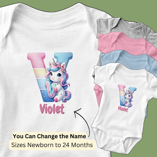 Change Name Pretty Pink Blue Cute Letter V Unicorn Baby Bodysuit (Creator Uploaded)