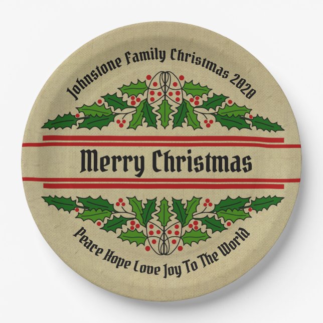 Change Name Text Christmas Holly 9" Paper Plate (Front)