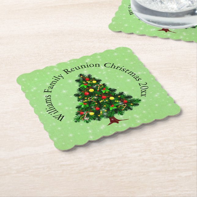 Change Name Text Matching Christmas Tree Paper Coaster (Angled)