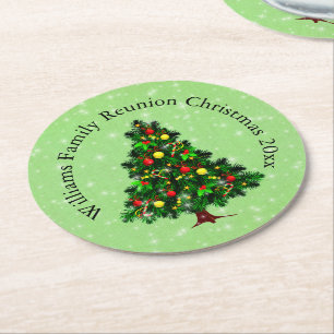 Change Name Text Matching Christmas Tree Round Paper Coaster