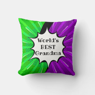 Change Name Worlds Best Grandma Green Purple Comic Cushion