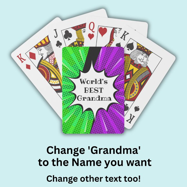 Change Name Worlds Best Grandma Green Purple Comic Playing Cards (Creator Uploaded)