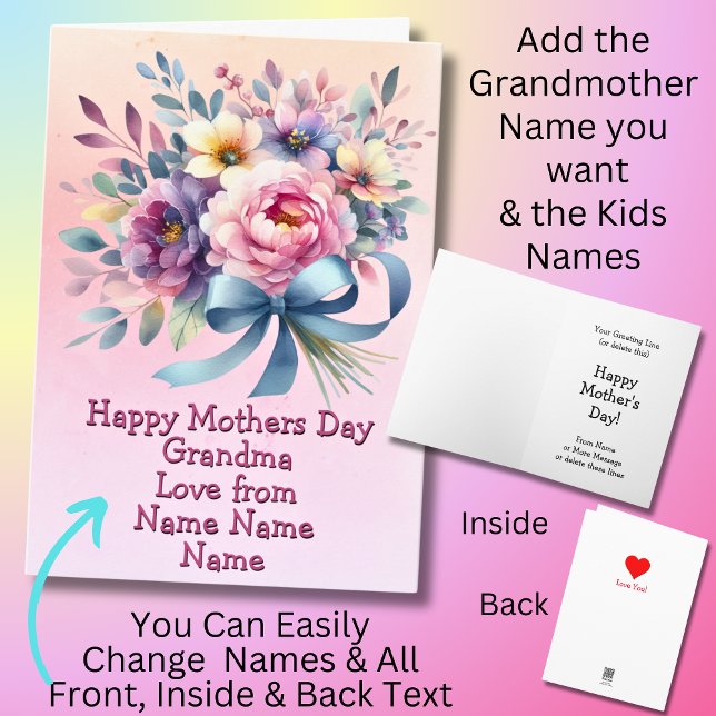 Change Names Happy Mothers Day Grandma Blue Ribbon Card (Creator Uploaded)