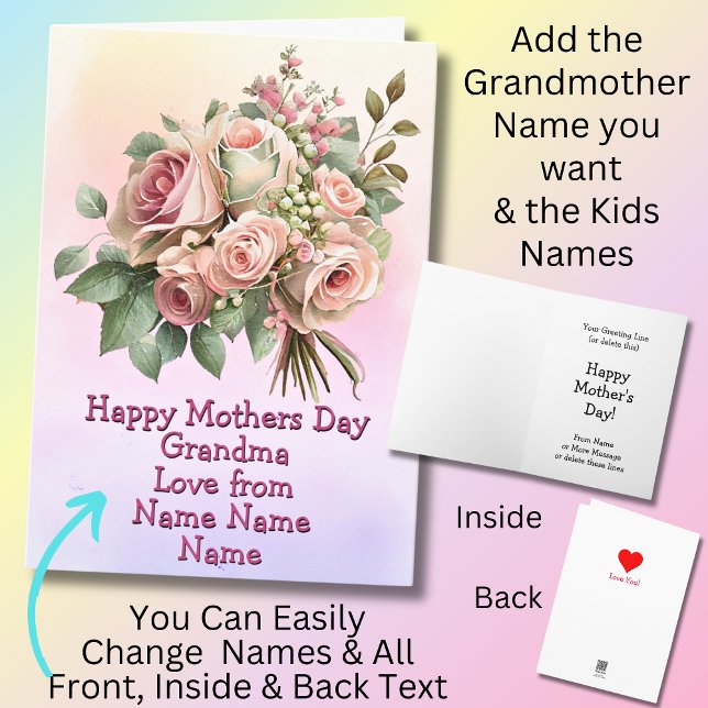 Change Names, Happy Mothers Day Grandma Pink Green Card (Creator Uploaded)