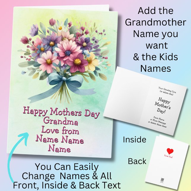Change Names Happy Mothers Day Grandma Ribbon Card (Creator Uploaded)
