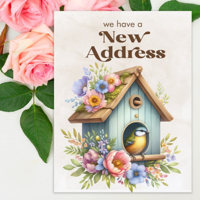 Change of Address Birdhouse Flowers Announcement Postcard (Birdhouse with blue and yellow flowers change of address postcard)